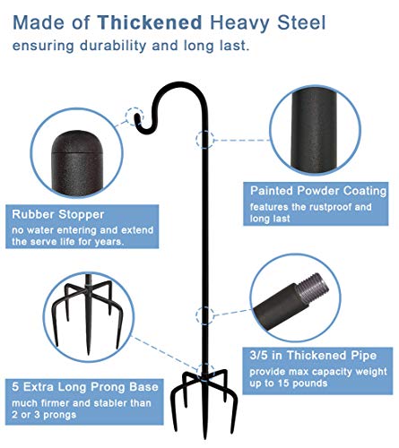 92 Inch Outdoor Shepherd Hooks with 5 Pronger Base (2 Packs), Adjustable Heavy Duty Garden Hanging Stand Holder for Bird Feeders Lanterns Planter Hanger, Matte Black - view 2