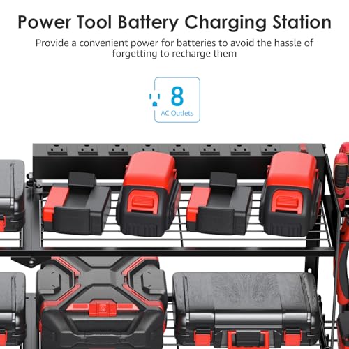 Large Garage Tools Storage with Charging Station. Power Tool Battery Organizer Utility Shelf with Power Strip. 4 Drills Holder Wall Mount Rack, Black 3 Layer. - view 2