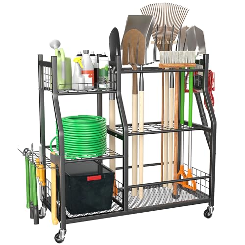 Garden Tool Organizer Stand, Garage Tool Storage Rack with Wheels