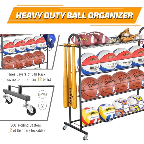 Rolling Ball Storage Rack with Bat Holder and Hooks, Black - view 4