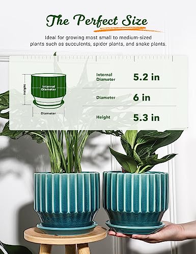 Plant Pots 6 inch Ceramic Pots for Indoor Plants Set of 2 Flower Pots Unique Crackle Glaze Design Plant Pots with Drainage Hole and Saucer Come with Drainage Nets (Aqua Green) - view 2