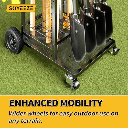 Garden Tool Organizer with Large Wheels, Heavy Duty 3-Tier Yard Tower Tool Rack for Garage, Holds Up to 35 Long-Handled Tools, Garden Tool Cart with 12 Hooks for Tool Organization Storage - view 4