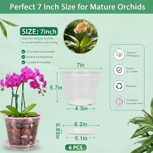 Orchid Pot -6 Pack 7 Inch Orchid Pots with Holes and Saucers, Clear Plastic Plant Pots with 8 Support Stakes and Clips, Orchid Repotting Kit for Indoor Plants (7 Inch) - view 7
