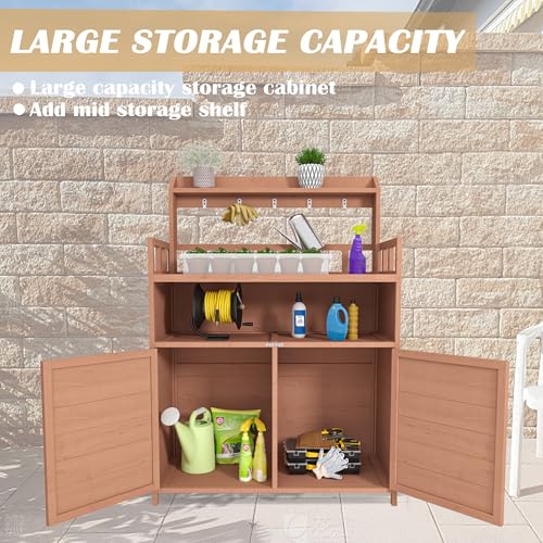 Potting Bench Gardening Table Wooden Planting Workstation with Storage Cabinet, Top Shelf, Hooks, Raised Guardrail, Lockable Doors for Patio Backyard Greenhouse Yard Supplies Organizer - view 3
