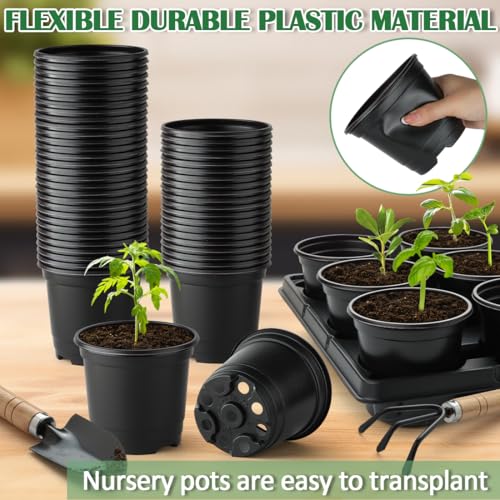 4 Inch Plastic Plant Pots 60 Pcs and 12 Cell Nursery Pots Trays 5 Pcs, Thick Sturdy Seeds Starting Germination Shuttle Carrying Trays, Black Small Planter Nursery Propagation 5 Sets - view 4