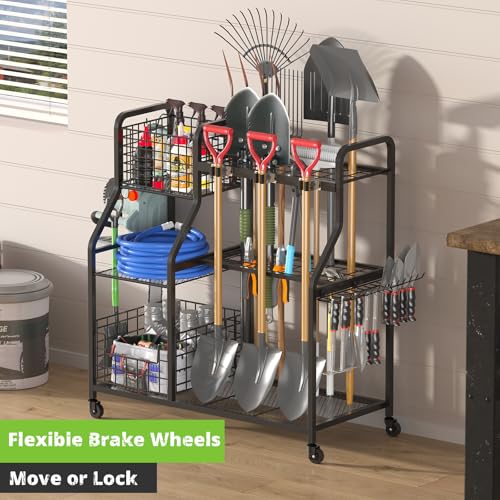 Garden Tool Holder Organizer with Heavy Duty Wheels for Garage - view 4