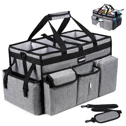 Extra Large Cleaning Caddy Bag with Rigid Support Board, Cleaning Organizer Tote with Detachable Divider, Adjustable Shoulder Strap & Waist Belt, Cleaning Supply Carrier for Cleaners & Housekeepers