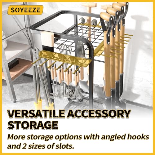 Garden Tool Organizer with Large Wheels, Heavy Duty 3-Tier Yard Tower Tool Rack for Garage, Holds Up to 35 Long-Handled Tools, Garden Tool Cart with 12 Hooks for Tool Organization Storage - view 6