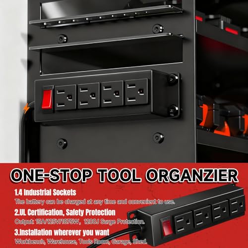 33" W Power Tool Organizer with Charging Station, 4 Layers Heavy Duty Metal Tool Storage Rack Wall Mount 8 Cordless Drill Holder with 4 Power Strip, Battery Organizer for Garage, Workbench,Tool Room - view 2