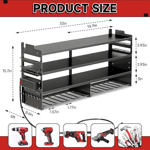 33" W Power Tool Organizer with Charging Station, 4 Layers Heavy Duty Metal Tool Storage Rack Wall Mount 8 Cordless Drill Holder with 4 Power Strip, Battery Organizer for Garage, Workbench,Tool Room - view 6