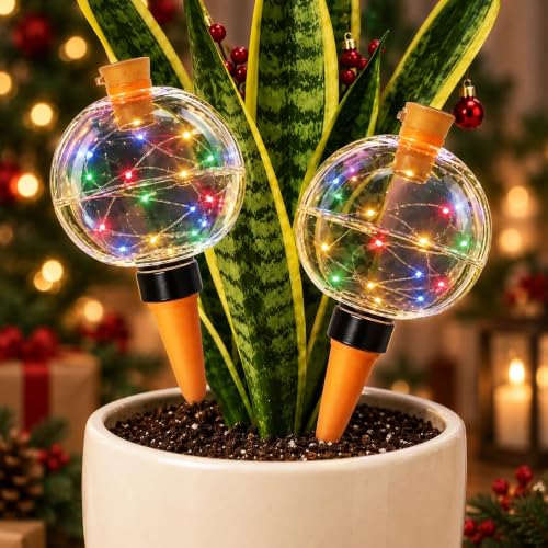 26 oz Christmas Plant Watering Globes, Solar LED, Vacation Waterer, 2 Pack