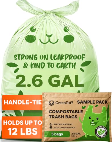 2.6 Gallon Compostable Trash Bags — 5 Count Trial Pack — Small Kitchen & Countertop Compost Bin Liners (18 µm) — Plant-Based ASTM D6400 BPI Certified — Sample Size to Try Before Full Pack