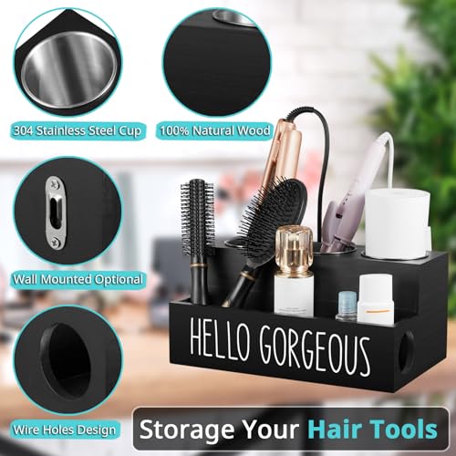 Hair Tool Organizer, Wooden Hair Dryer Holder Countertop, Wall Mount Hot Tools Organizer for Hair Styling Accessories, Bathroom Supplies Vanity Caddy for Curling Wand, Blow Dryer, Black - view 3