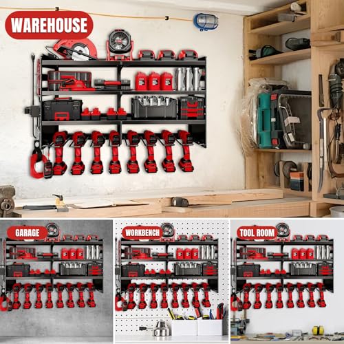 33" W Power Tool Organizer with Charging Station, 4 Layers Heavy Duty Metal Tool Storage Rack Wall Mount 8 Cordless Drill Holder with 4 Power Strip, Battery Organizer for Garage, Workbench,Tool Room - view 7