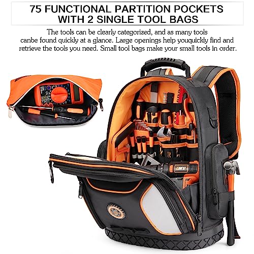 Tool Bag Backpack with 2 Canvas Tool Pouch Tool Kit, 75 Pockets & Loops Heavy Duty Tools Organizer/HVAC Tool Carrier for Eelectrician/Construction Work with Molded Base and Combination Lock, Black - view 2