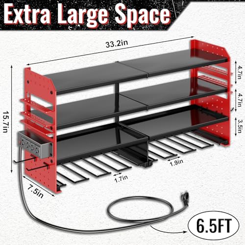 Large Power Tool Organizer Wall Mount with Charging Station, 4 Layer Heavy Duty Metal Cordless Tool Organizer, Tool Storage Rack with 8 Cordless Drill Holder Screwdriver Hammer(Red) - view 2