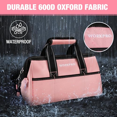 13-Inch Tool Bag, Pink Soft Cloth Tool Storage Bags, Wide Mouth Tool Tote Bag with Inside Pockets - Pink Ribbon - view 6