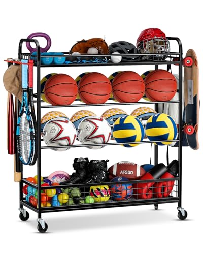 Garage Sports Equipment Organizer - Rolling Ball Storage with Wheels