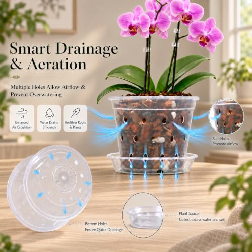 7/6/5/4 Inch Orchid Pots, 8 pack Clear Orchid Pot with Hole and Saucer - view 7