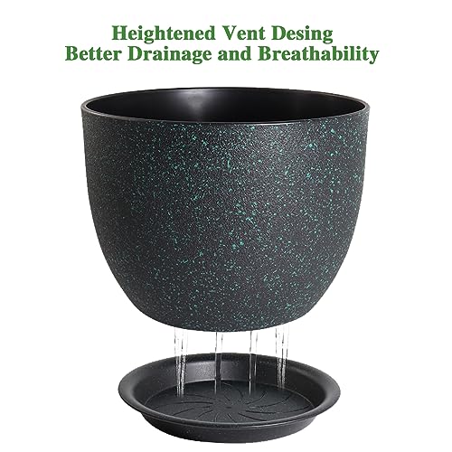 12/10/9 Large Modern Plant Pots, Plastic Planters with Drainage Holes and Saucers for Indoor Outdoor Plants Flowers, Black with Green Speckles - view 3
