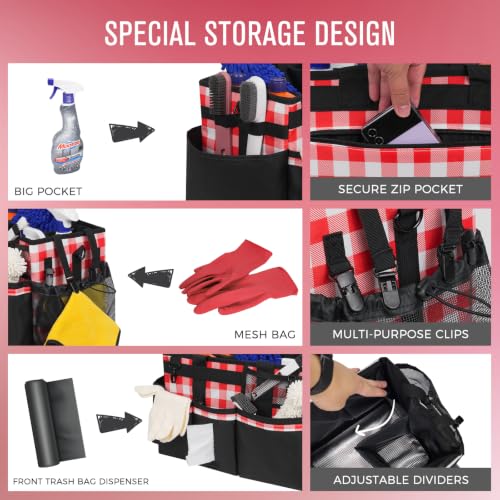 Wearable Cleaning Caddy, Cleaning Caddy Supplies Organizer with Handle & Shoulder Straps for Housekeepers, Under Sink & Car Cleaning Tool Organizers Bag with 4 Foldable Divider (RedPlaid) - view 2