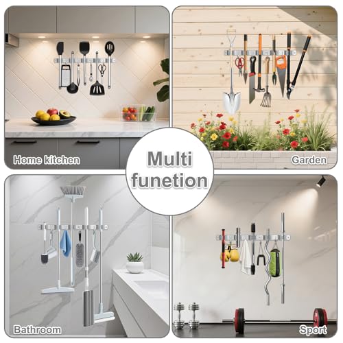 5 Racks and 4 Hooks Wall-Mounted Mop and Broom Holder, Self-Adhesive Heavy-Duty Broom Hanger Organizer, Heavy-Duty Storage and Organization for Home, Kitchen, Garden, Garage, and Rooms Grey - view 4