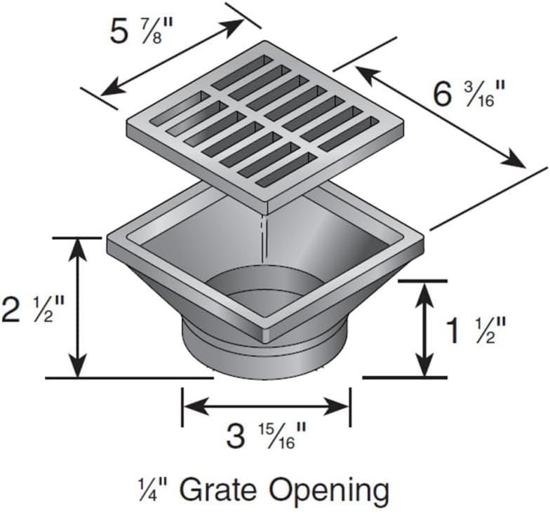 640 6-Inch Square Grate with Low-Profile Adapter Drain, Connects to 3-Inch and 4-Inch Drain Pipes and Fittings, for Small Lawns, Landscaping and Patios, Plastic, Black - view 2