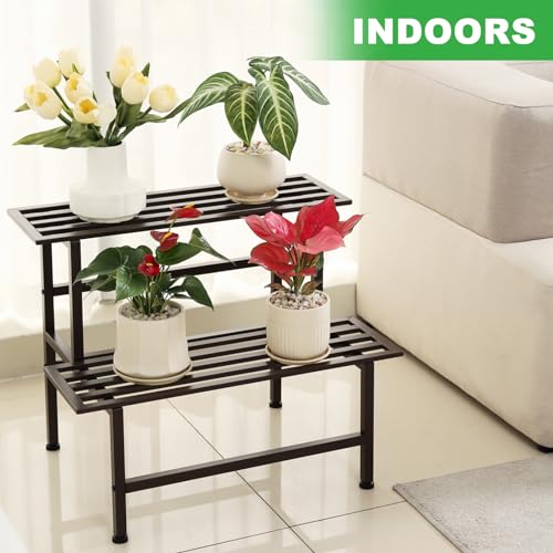 2 Tier Metal Plant Stand Outdoor Indoor,Ladder Plant Shelf,Coffee - view 4