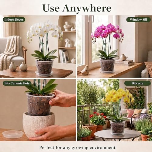 Orchid Pot -6 Pack 7 Inch Orchid Pots with Holes and Saucers, Clear Plastic Plant Pots with 8 Support Stakes and Clips, Orchid Repotting Kit for Indoor Plants (7 Inch) - view 4