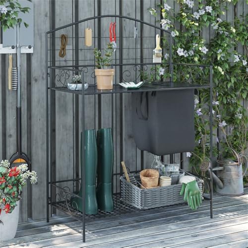 Folding Potting Bench Table, Metal Garden Workstation, Work Bench with Build-in Bag, 5 Hanging Hooks & Storage Shelf, Outdoor Table Potting Shelf for Plant Accessories & Gardening Supplies Storage - view 2