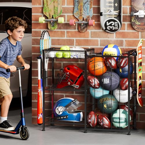 Sports Equipment Organizer, Ball Storage Rack with Elastic Straps and Removable Basket for Garage Organization, Garage Organizer with Hooks for Toy Sports Gear Storage, Sports Ball Storage Cart, Black - view 4