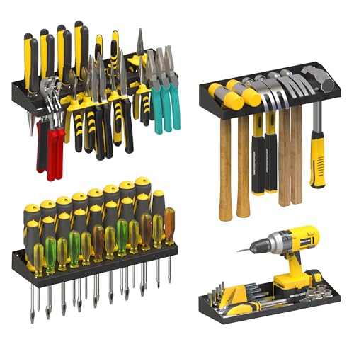 Wall Mount Hand Tool Storage Set, Screwdriver Organizer, Pliers Holder, Hammer Rack, Metal Hardware Tray for Garage Workshop Workbench - 4 Pack