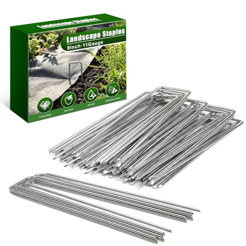 50 Pack 8 Inch Landscape Staples 11 Gauge Heavy Duty Galvanized Garden Stakes, Sod Pins for Securing Weed Barrier Fabric, Artificial Turf, Drip Irrigation, Lawn Edging & Outdoor Ground Cover