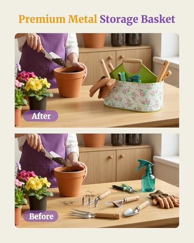 9Pcs Garden Tool Set with Stainless Steel Tools&Metal Basket, Pink - view 4