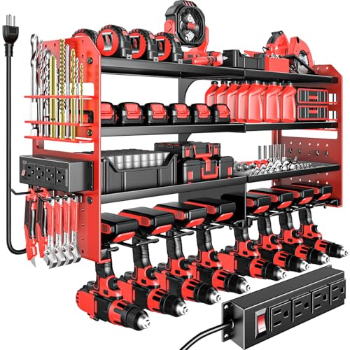 Large Power Tool Organizer Wall Mount with Charging Station, 4 Layer Heavy Duty Metal Cordless Tool Organizer, Tool Storage Rack with 8 Cordless Drill Holder Screwdriver Hammer(Red)