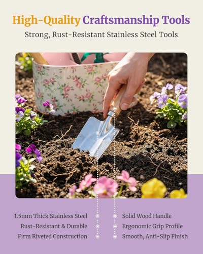 9Pcs Garden Tool Set with Stainless Steel Tools&Metal Basket, Pink - view 5
