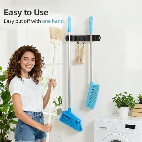 Broom Holder Wall Mount, Stainless Steel Mop and Broom Organizer, Broom Hanger with 2 Slots 2 Hooks for Home Kitchen, Garage, Garden and Laundry Room, Black - view 4