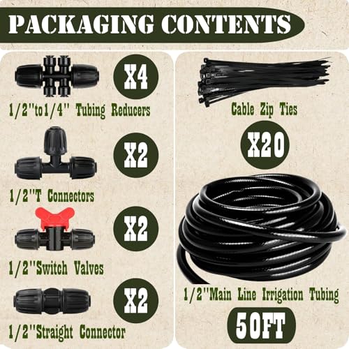 1/2in. Drip Irrigation Tubing - 50FT Drip Line Irrigation System Parts for Garden(Includes 1/2" Straight Connector,Switch Valves, T Connectors, 1/2" to 1/4" Tubing Reducers, Cable Zip Ties) - view 5