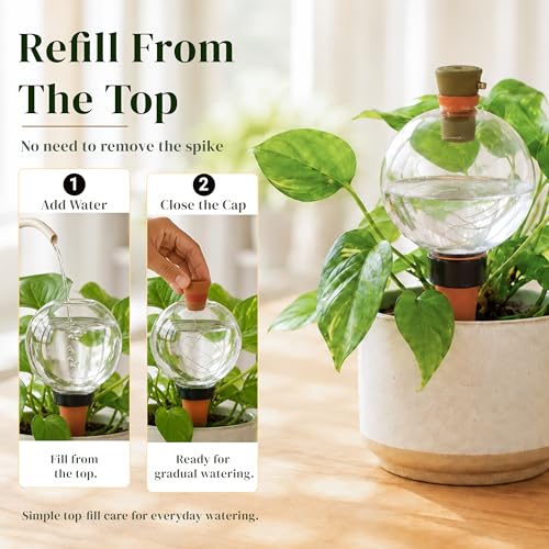 19 oz Extra Large Plant Self Watering Globes Top Fill, Classic Globe Plastic Self Watering Bulbs, LED Solar Light Automatic Waterer with Slow Release Ceramic Spikes for Indoor Outdoor Plants, 2 Pack - view 5