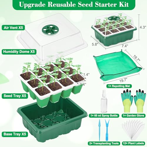 Reusable Silicone Seed Starter Tray, 60 Cells Seed Starter Kit with Humidity Adjustable Dome and Lid, Plant Germination Trays with Repotting Mat 5 Packs Germination Kit for Seeds Grow Starting - view 5