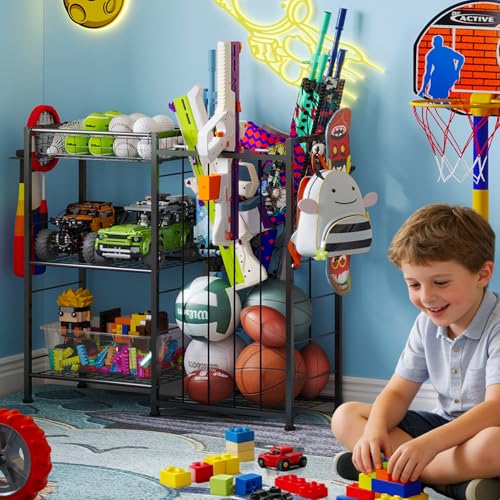 Sports Equipment Organizer, Ball Storage Rack with Elastic Straps and Removable Basket for Garage Organization, Garage Organizer with Hooks for Toy Sports Gear Storage, Sports Ball Storage Cart, Black - view 5