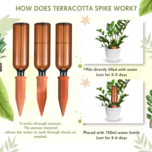 8 Pcs 4 Set Plant Watering Devices, Terracotta Watering Spikes with 25 oz Plastic Wine Bottles, Slow Release Vacation Insert Automatic Plant Waterer Device for Indoor Outdoor - view 3