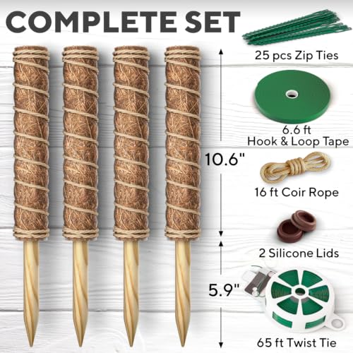 Premium Moss Pole for Plants 4-Pack - 48 Inch Sturdy Plant Support Stakes - 16.5" Extendable Poles for Monstera & Climbing Plants - 100% Natural Sticks - Complete Kit w/Ties, Hook & Loop Tape & Rope - view 3