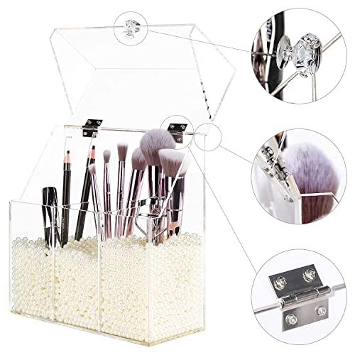 Clear Makeup Brush Holder, Acrylic Makeup Brush Organizer For Vanity, Cosmetic Brush Storage Box with Pearls, For Bathroom, Bedroom, Vanity Countertop - view 5