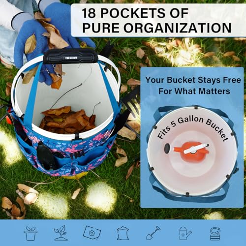 Bucket Organizer 5 Gallon 18-Pocket Tool Bucket Bag with 6 Hooks, Gardening Tool Holder Caddy for Gardeners, Outdoor Yard Work, Soil Plant Flower Gardening Accessories with Grip Pad, Blue - view 4