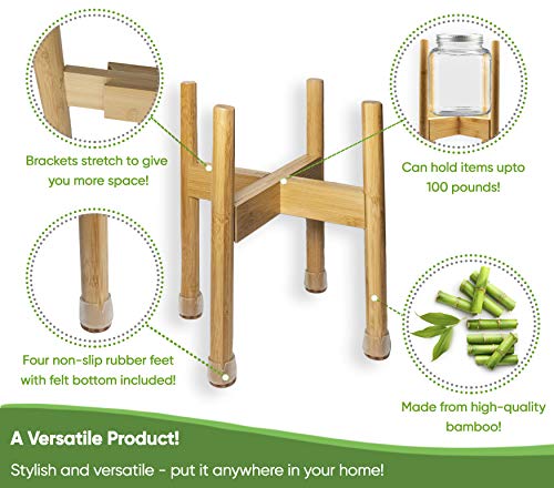 Natural Handmade Adjustable Bamboo Plant Flower Stand - Adjustable Reversible Tall Short Indoor Plant Holder - for Medium & Large Pots Sizes 8" to 12" inches Mid Century Decor (1pack) - view 2