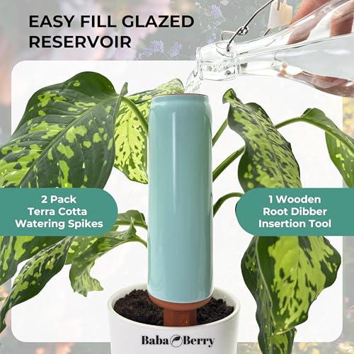 Terracotta Watering Spikes 2 Pack 17.5oz Capacity Plant Watering Devices Self Watering Spikes Large Plant Watering Globes Self Watering Planter Insert AcquaTerra with Root Dibber Installer - view 5