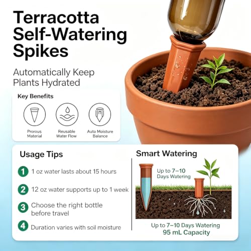 Terracotta Watering Stakes for Plants, Slow-Release Plant Watering Spikes, Bottle-Fed Self-Watering Devices for Indoor and Outdoor Plants, Vacation Plant Care, 6 Pack - view 3