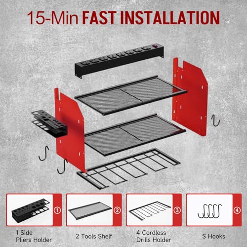 Power Tool Organizer Wall Mount with Charging Station, Heavy Duty 3 Layers Tool Storage Rack with 4 Cordless Drill Holder, Battery Holder with 8 Power Strip, Ideal for Garage, Warehouse, Workshop - view 5