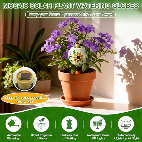 Mosaic Plant Watering Globe with Terracotta Spike,Self-Watering Irrigation for Potted Plants,Sunflower-Inspired Mosaic with Solar Accent Light, Indoor & Outdoor Décor, 17oz - view 2